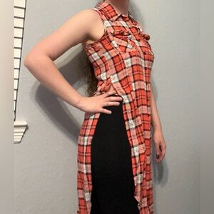 Love Ari Plaid Tartan Tunic Button Up Sleeveless Orange White Women’s Size S